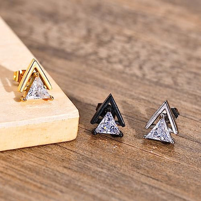 Unisex Geometric Triangle Stud Earrings, Stainless Steel Minimalist Cubic Zirconia Pierced Post Earrings for Men Women - style: Double Layer-Black&Sliver