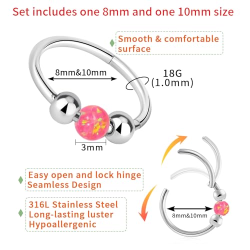 Thiswhyimbeauty 2PCS 18g Opal Nose Rings for Women Nose Hoops 8mm/10mm Hypoallergenic 316L Surgical Steel Nose Rings Piercing Jewelry Can Be Used as a Nose Ring, Septum Ring, and Cartilage Earring - color: A-Silver Pink opal