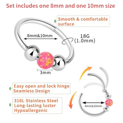 Thiswhyimbeauty 2PCS 18g Opal Nose Rings for Women Nose Hoops 8mm/10mm Hypoallergenic 316L Surgical Steel Nose Rings Piercing Jewelry Can Be Used as a Nose Ring, Septum Ring, and Cartilage Earring - color: A-Silver Pink opal