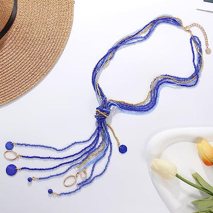 Coiris Long Seed Beaded Multi Strand Necklace,10 Multiple Statement Long Bib Necklace with Tie Knot for Women and Girls Jewelry - color: Royal Blue