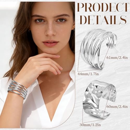 3PCS Chunky Cuff Bracelets for Women Irregular Minimalist Statement Bangle Bracelets Set Open Wide Wire Grooved Hammered Bangle Bracelet Gold Sliver Wrist Cuff Wrap Bracelet Adjustable - color: Silver Cuff Bracelets C
