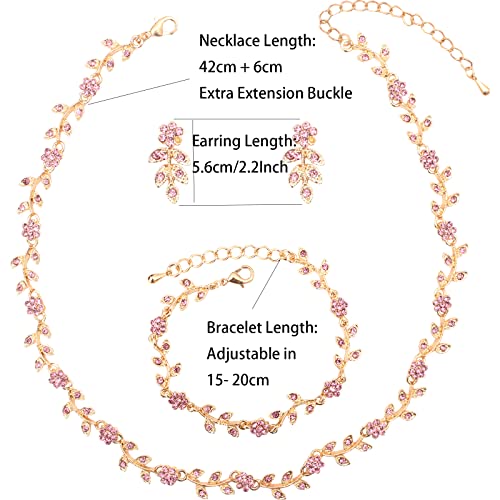 Austrian Crystal Rhinestone Choker Necklace Dangle Earring Link Bracelet Jewelry Set for Brides Bridesmaid Prom Costume Accessories for Women - color: En001-Pink-Gold Plated