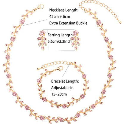 Austrian Crystal Rhinestone Choker Necklace Dangle Earring Link Bracelet Jewelry Set for Brides Bridesmaid Prom Costume Accessories for Women - color: En001-Pink-Gold Plated
