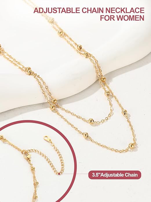 FOCALOOK Choker Necklace for Women, Double Layered Boho Beaded Choker Chain | Dainty 14K Gold Plated/Silver/Black Metal, Simple Small Satellite Beaded Chain Necklace, Hypoallergenic for Everyday Wear - color: 01.2-Layered Satellite Beads-Gold