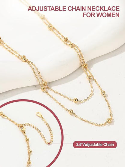 FOCALOOK Choker Necklace for Women, Double Layered Boho Beaded Choker Chain | Dainty 14K Gold Plated/Silver/Black Metal, Simple Small Satellite Beaded Chain Necklace, Hypoallergenic for Everyday Wear - color: 01.2-Layered Satellite Beads-Gold