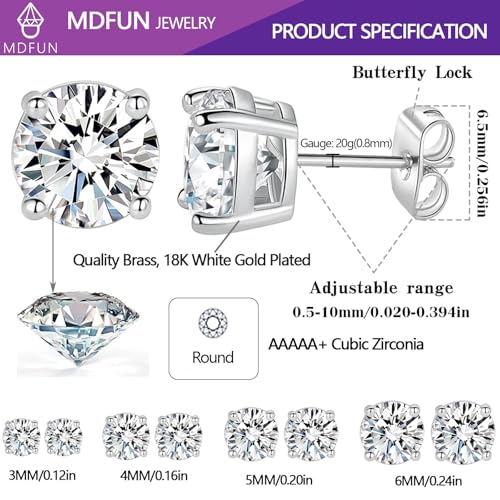 18K White/Yellow Gold Plated Stud Earrings for Men Women 4 Prong Graduated Round Clear Cubic Zirconia Hypoallergenic Earrings Set 3-8MM - color: White Gold Plated, size: Pack-3/4/5/6MM