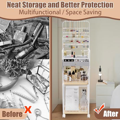Large Jewelry Organizer Stand with Box Drawer, Multifunctional Display Cases with Wheels, Armoire Jewelry Cabinet for Earring Necklace Ring Bracelet Makeup