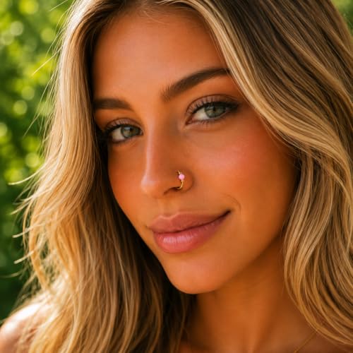 Jolliz Opal Nose Rings Hoops – 24 Gauge Classic Design, Elegant Nose Rings for Women & hypoallergenic Nose Piercings Jewelry Perfect for Any Occasion with Comfortable Fit - color: Pink Opal Gold