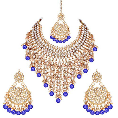 Aheli Elegant Indian Wedding Wear Faux Kundan Studded Choker Necklace with Maang Tikka Set Ethnic Fashion Jewelry for Women Maroon Kundan & Pearl Drop - color: Blue