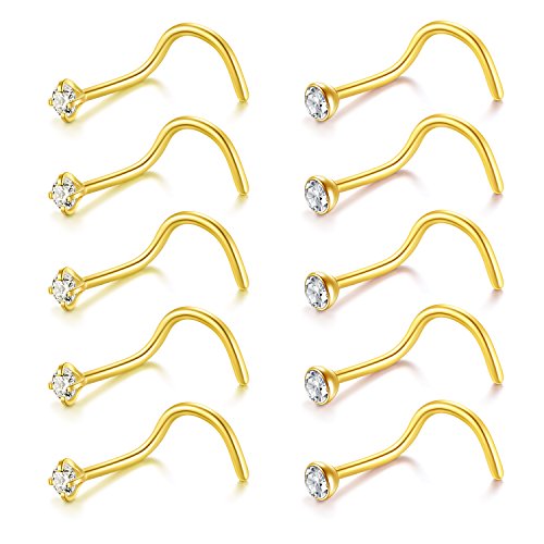 Briana Williams Nose Studs Nose Rings for Women 18G 20G Corkscrew Nose Ring Stainless Steel Nose Screw Studs Nose Rings Studs Surgical Steel Nostril Nose Piercing Jewelry - color: A -20g, gold