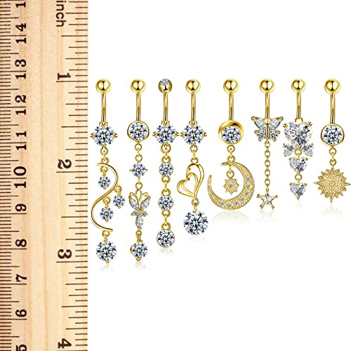 Hicarer 8 Pieces 14G Belly Button Rings Steel Long Dangle Navel Ring CZ Body Piercing Jewelry - color: Gold