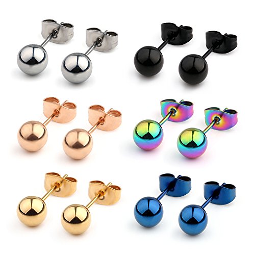 20G Mix Color Stainless Steel Ball Clear CZ Stud Earrings for Men Women Round 3-8mm 6-12Pairs - style: 6Pairs - 4mm