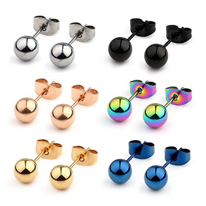 20G Mix Color Stainless Steel Ball Clear CZ Stud Earrings for Men Women Round 3-8mm 6-12Pairs - style: 6Pairs - 4mm