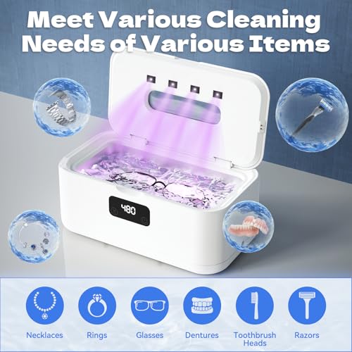 Ultrasonic Jewelry Cleaner, 50Khz Jewelry Cleaner Ultrasonic Machine for Jewelry, Eyeglasses, Rings, Watch Strap, Dentures, 24oz - 304 Stainless Steel Tank, Digital Timer, 5 Cleaning Modes - color: White