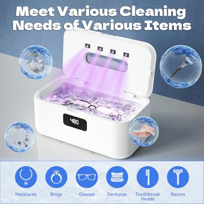 Ultrasonic Jewelry Cleaner, 50Khz Jewelry Cleaner Ultrasonic Machine for Jewelry, Eyeglasses, Rings, Watch Strap, Dentures, 24oz - 304 Stainless Steel Tank, Digital Timer, 5 Cleaning Modes - color: White