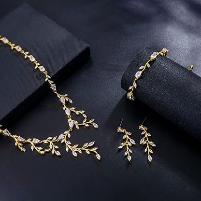 Bridal Wedding Jewelry CZ Set Marquise Teardrop Cubic Zirconia Pendant Necklace and Dangle Earring Bracelet Sets for Women - color: Gold - 03