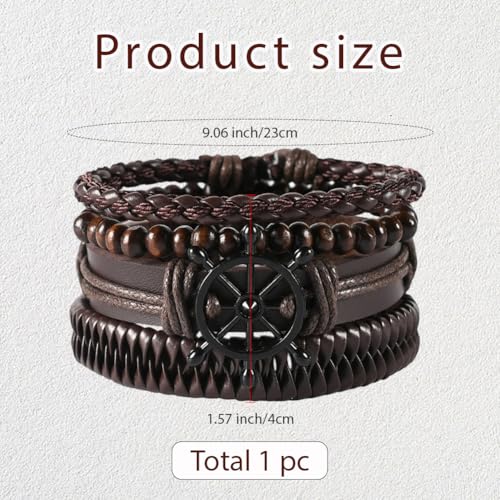 GORGECRAFT Handmade PU Leather Bracelets Flat Round Braided Cuff Bangle Multi Layers Wood Beads Wrap Bracelet - style: Brown Anchor Weave