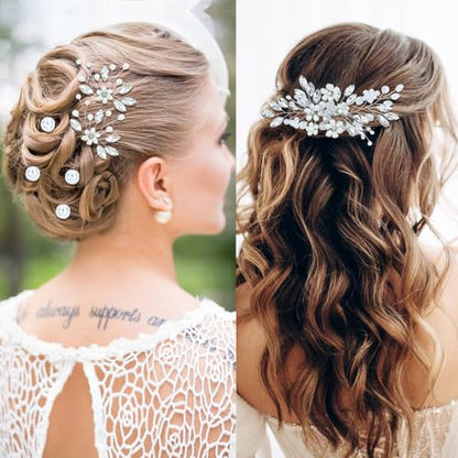 inSowni 17 Pieces Silver Metal Crystal Rhinestone Pearl Bridal Wedding Hair Side Combs Slides+U-shaped Flower Hair Pins+Pearl Twist Spiral Pearl Hairpins for Brides Bridesmaids Women Girls - color: Silver