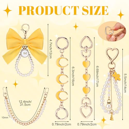 Sureio 5 Pcs Bag Extender Chain Pearl Purse Chain Ribbon Bow Keychain Extender Bag Strap Purse Charms Accessories for Handbag - color: Yellow and Gold
