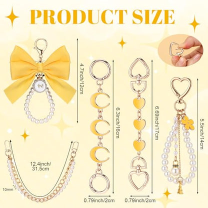 Sureio 5 Pcs Bag Extender Chain Pearl Purse Chain Ribbon Bow Keychain Extender Bag Strap Purse Charms Accessories for Handbag - color: Yellow and Gold