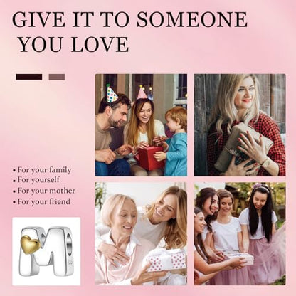 A~Z Alphabet Charm Letter Beads 925 Sterling Silver with Heart-shaped 5A Cubic Zircon Stones fits Pandora European Bracelets Necklace Jewelry Gift for Women - style: M Letter Charms