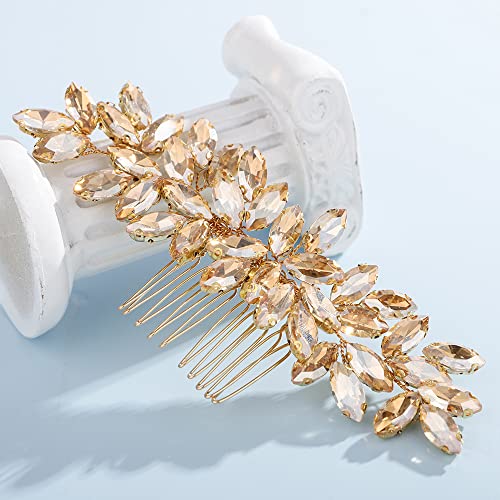 Teyglen Women Dainty Rhinestone Hair Comb - Luxurious Shiny Champagne Bridal Side Hair Accessory for Brides and Girls - color: Champagne