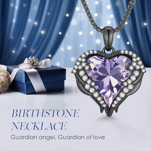 CDE Angel Wings Heart Birthstone Pendant Necklace Gift for Women | Silver/Gold Tone,Ideal Birthday & Anniversary Jewelry Gift for Wife,Girlfriend,Her - color: Black-06-Alexandrite Light Purple Birthstone
