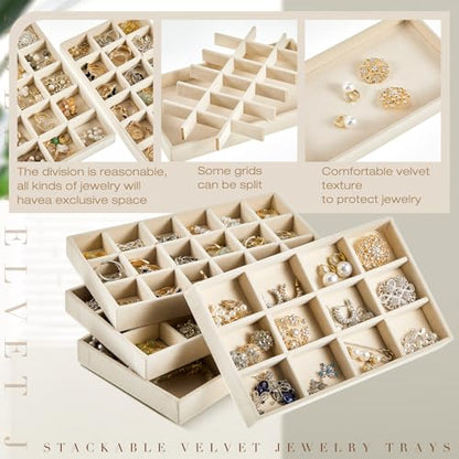12 Pcs Jewelry Tray Velvet Stackable Jewelry Organizer Trays Divided Earring Accessories Storage Containers Box (Rose Red) - color: Beige