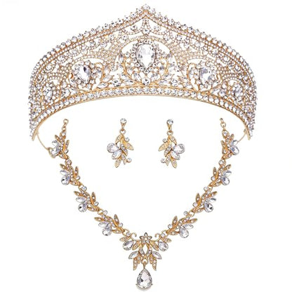 Princess Tiara Crown and Jewelry Sets for Women Wedding Rhinestone Crystal Tiaras and Crowns with Necklace Earrings Party Birthday Accessories - color: Gold White