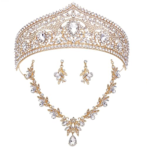 Princess Tiara Crown and Jewelry Sets for Women Wedding Rhinestone Crystal Tiaras and Crowns with Necklace Earrings Party Birthday Accessories - color: Gold White