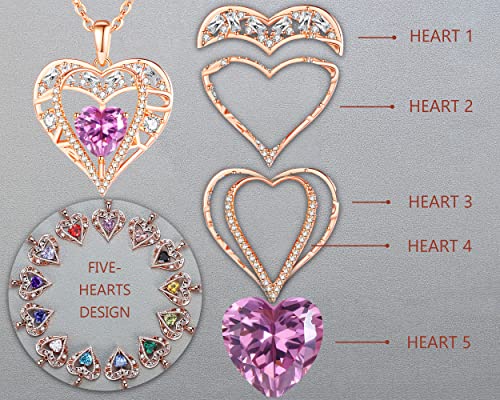 5 Heart I Love You Necklace for Women, Birthstone Crystal Pendant, Birthday Gift for Her, Wife, Mom, Rose Gold or Gunmetal Plated, 925 Sterling Silver Chain 18"+2" - color: 06-June-Alexandrite Light Purple-Rose Gold Plated