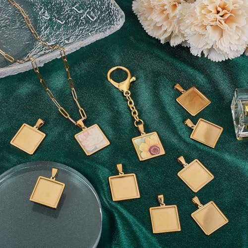 1 Box 10Pcs Stainless Steel Square Bezel Pendant Trays Cabochon Bezel Blanks Bulk 20mm Small Gold Charms DIY Pendant Tray Base for Jewelry Making Resin Craft Photo Necklace Bracelets Adults - style: gold square