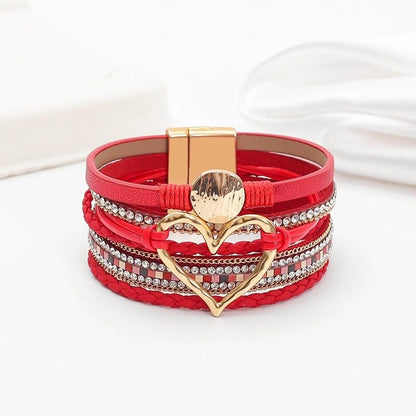 Multilayer Faux Leather Wrap Bracelet with Open Heart Charm Bohemian Stackable Crystal Clasp Bracelet for Women Birthday Gift - color: Red