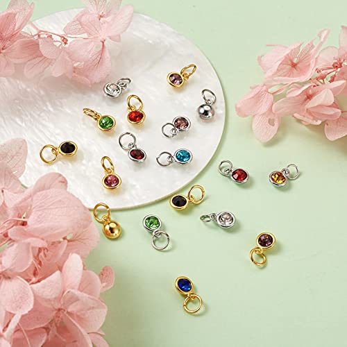 Cheriswelry 48Pcs 7.5mm Silver Gold Flat Round Alloy Glass Rhinestone Charms Birthstone Pendants Tiny Dangle Charms for DIY Necklace Earring Bracelet Jewelry Making Crafts - color: Mixed Color