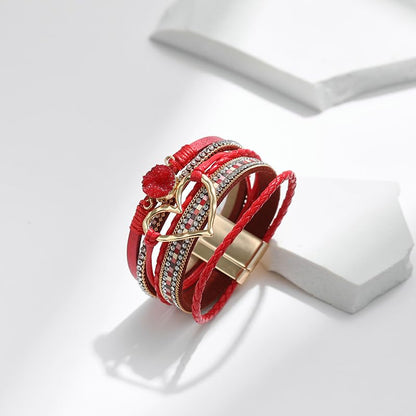 Multilayer Faux Leather Wrap Bracelet with Open Heart Charm Bohemian Stackable Crystal Clasp Bracelet for Women Birthday Gift - color: Red