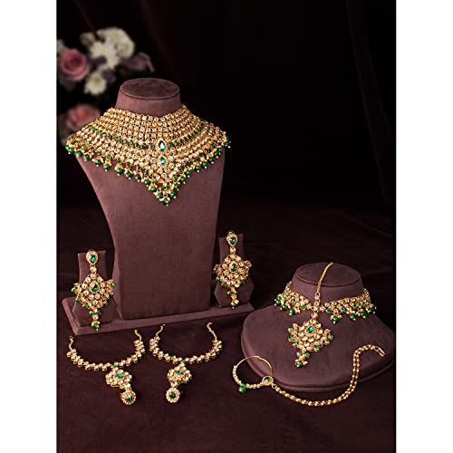 Aheli Bollywood Style Indian Bridal Choker Necklace Matha Patti Nose Ring Haath Phool Wedding Fashion Bharatanatyam jewellery set for Women - color: Champagne-Green