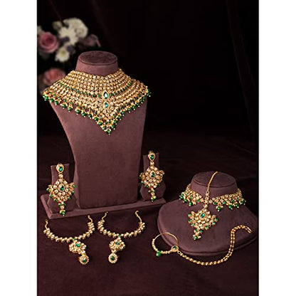Aheli Bollywood Style Indian Bridal Choker Necklace Matha Patti Nose Ring Haath Phool Wedding Fashion Bharatanatyam jewellery set for Women - color: Champagne-Green