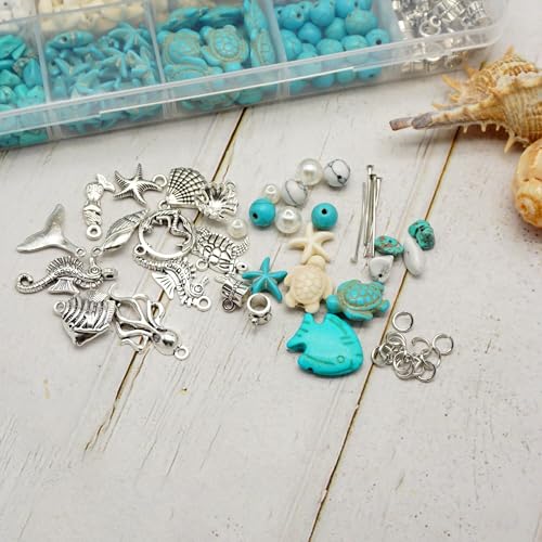 Julie Wang 422PCS Mixed Beach Ocean Jewelry Making Kit, Man-made Turquoise Starfish Turtle Beads Charm & Antique Silver Alloy Sea Animal Pendants, for Bracelet Necklace Earring Craft DIY Supplies - color: Style C-422PCS