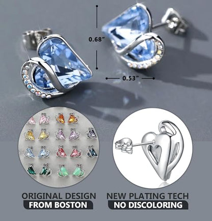 Infinity Love Heart Stud Earrings for Women, Birthstone and Healing Stone, Gifts for Mom, Wife, and Her, Silver Plated - color: 03-March & December-Light Sapphire Blue