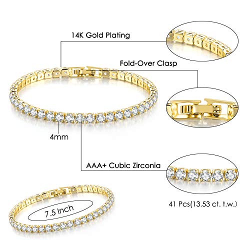 2 Pcs Tennis Bracelets for Women 14K Gold Plated AAA+ Cubic Zirconia CZ Diamond Classic Adjustable Slider Bracelet Fashion Jewelry Wedding Gift Size 6.5-7.5 Inch - color: Gold, size: 7.5 Inches