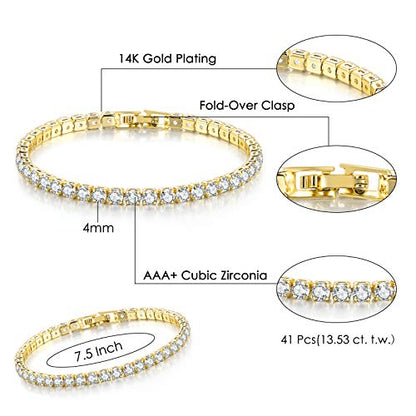 2 Pcs Tennis Bracelets for Women 14K Gold Plated AAA+ Cubic Zirconia CZ Diamond Classic Adjustable Slider Bracelet Fashion Jewelry Wedding Gift Size 6.5-7.5 Inch - color: Gold, size: 7.5 Inches