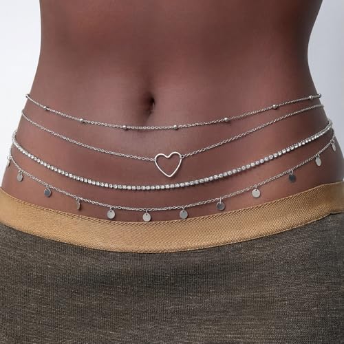 14K Gold Plated Waist Chain for Women Layered Waist Beads Belly Chain Belt, Waterproof Summer Beach Body Jewelry for Bikini, Festival Vacation Accessories for Women - style: Rhinestone Heart