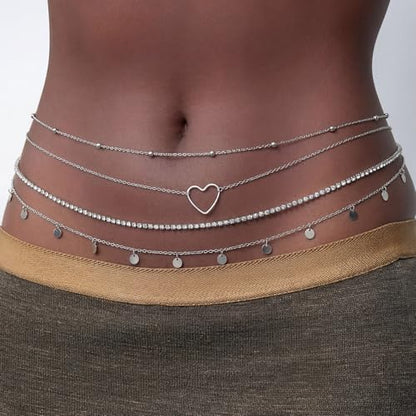 14K Gold Plated Waist Chain for Women Layered Waist Beads Belly Chain Belt, Waterproof Summer Beach Body Jewelry for Bikini, Festival Vacation Accessories for Women - style: Rhinestone Heart