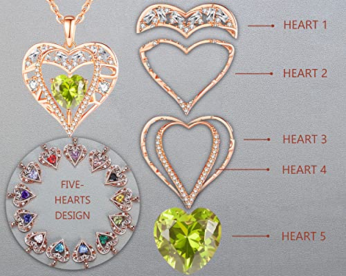 5 Heart I Love You Necklace for Women, Birthstone Crystal Pendant, Birthday Gift for Her, Wife, Mom, Rose Gold or Gunmetal Plated, 925 Sterling Silver Chain 18"+2" - color: 08-August-Peridot Apple Green-Rose Gold Plated