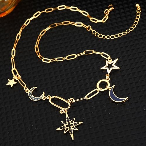 Charm Necklace for Women Gold Evil Eye Sun Moon Flower Coin Pendant Necklace Dainty Paperclip Chain Vintage Luck Amulet Choker Necklaces Celestial Jewelry Gift - style: Black Celestial Charms