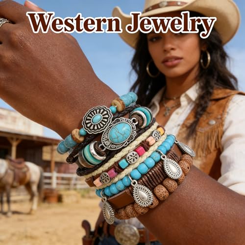 Western Outfits for Women Turquoise Western Bracelets Bohemian Vintage Stackable Beaded Leather Bracelets Adjustable Hand-woven Layered Bracelet Western Country Concert Jewelry for Women - style: Turquoise Teardrop