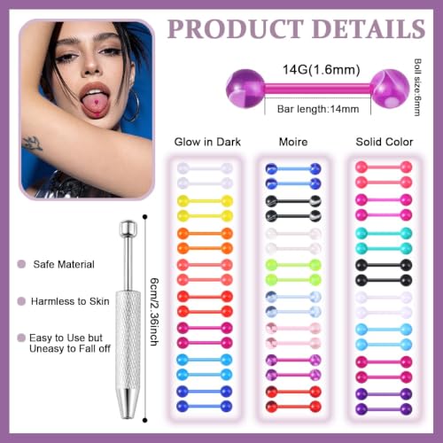 48Pcs 14G Glow in Dark Acrylic Straight Tongue piercing for Women | Candy Color Tongue Piercing Jewelry,Flexible Ring Barbell,14mm Bar Tongue Rings Piercing Ball Grabber Set - style: B