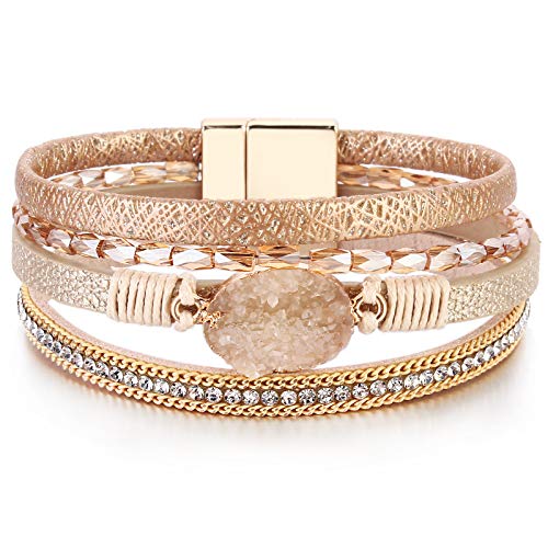 Boho Chunky Leather Wrap Bracelets Stackable Beaded Western Country Jewelry | Crystal Bead Trendy Layered Cuff Magnetic Clasp Stack Bohemian Statement Costume Outfits Cowgirl Fashion Hippie Accessories - color: Cream, size: 7.7"