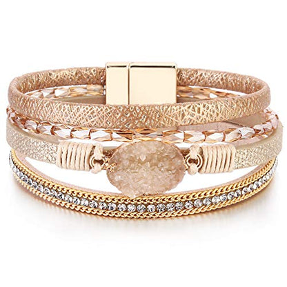 Boho Chunky Leather Wrap Bracelets Stackable Beaded Western Country Jewelry | Crystal Bead Trendy Layered Cuff Magnetic Clasp Stack Bohemian Statement Costume Outfits Cowgirl Fashion Hippie Accessories - color: Cream, size: 7.7"