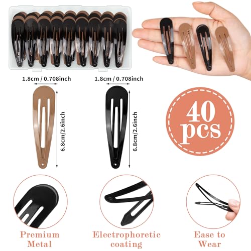 Gingbiss 40 Pieces Large Snap Hair Clips for Woman, 2.6 inch Metal Hair Barrettes with Storage Case for Women, Classic Hairpins Hair Accessories for Long Thick Hair (Black & Brown)